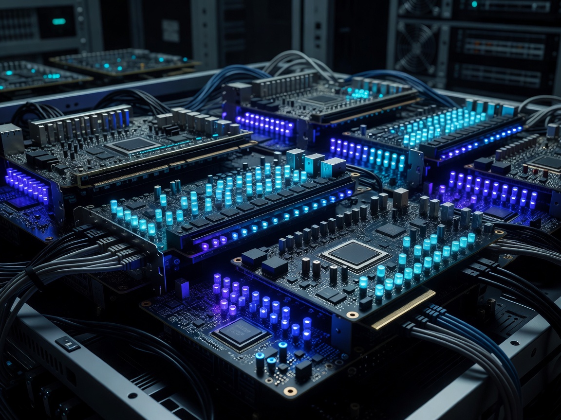 Computing hardware illuminated by diagnostic light representing AI evaluation