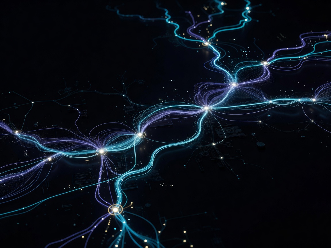 Dark computing interface with illuminated connections representing AI project planning