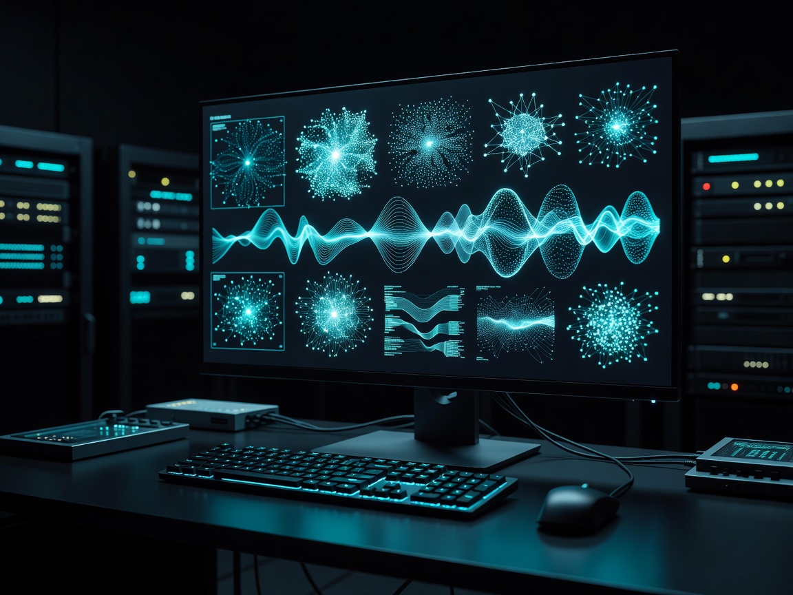 Unoccupied workstation with a technical AI interface and cyan illumination